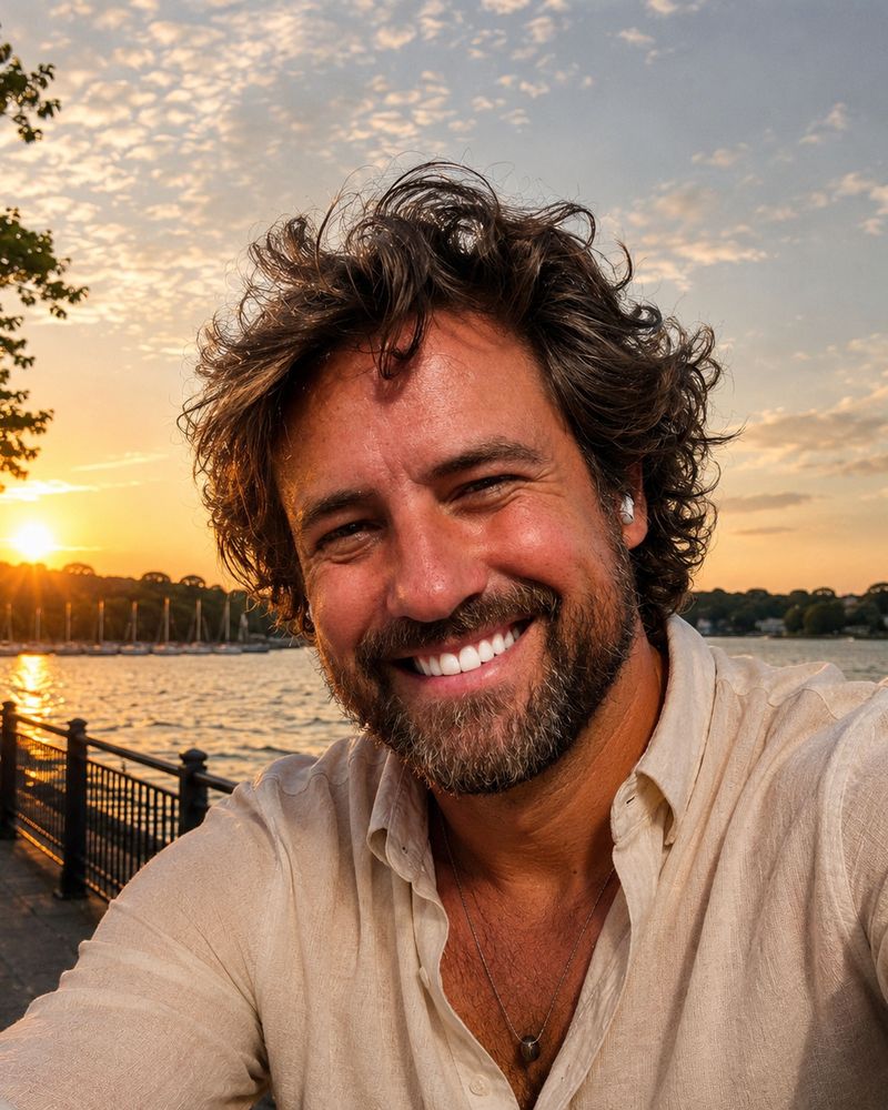 Deva Kranti smiling at sunset by the water