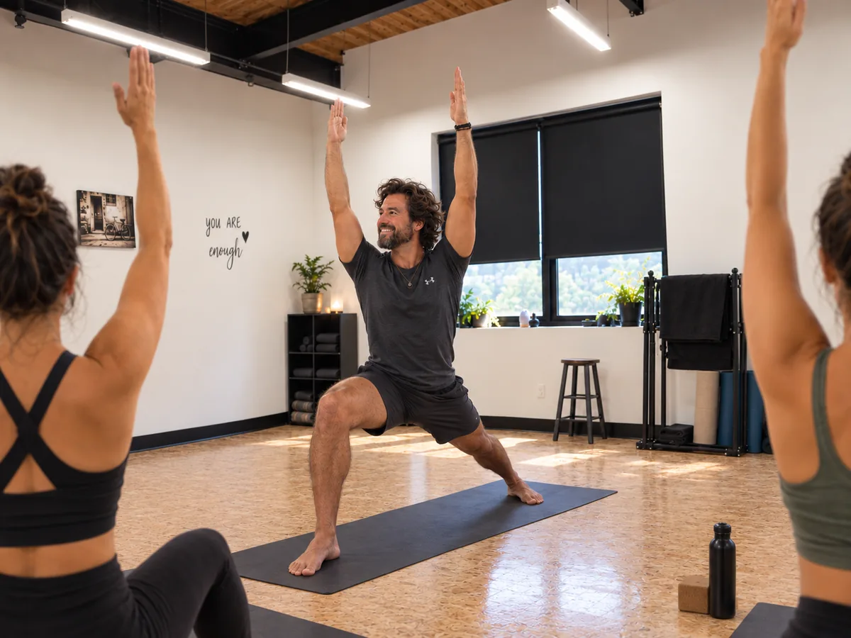 Deva Kranti leading a yoga class in a bright studio, arms raised in a lunge